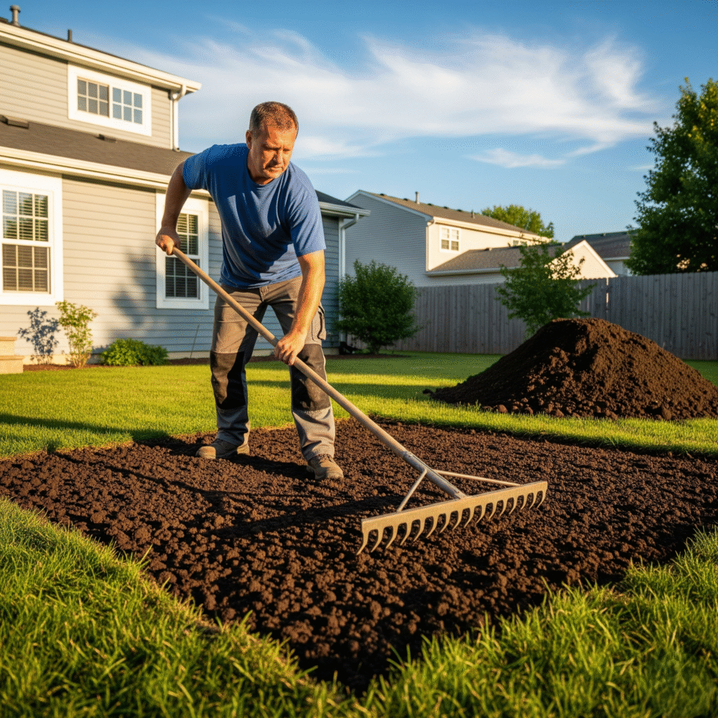 homeowner grading soil with a rake
