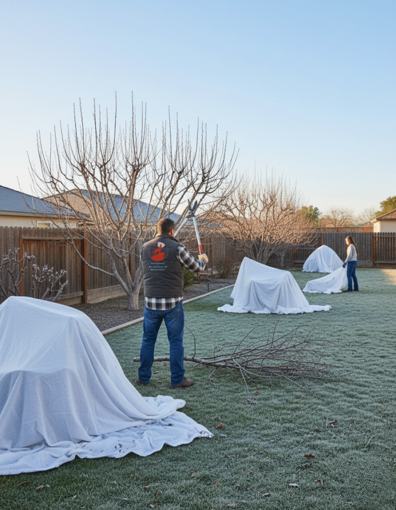 Frost cloth covering plants,A homeowner pruning dormant tree