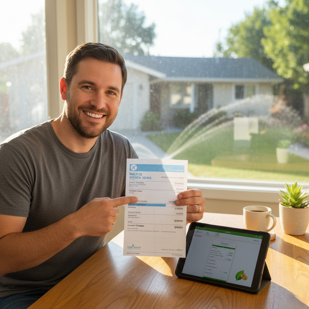 Homeowner reviewing water bill with a smile, showing cost savings.