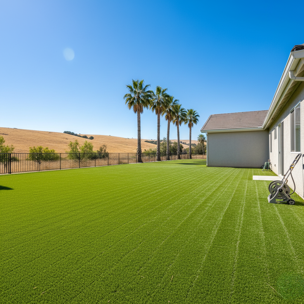 freshly brushed artificial turf backyard