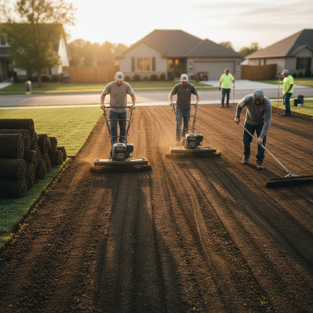 Crew performing final grading before laying sod.