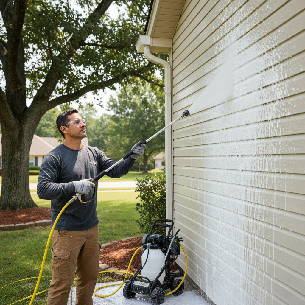 Professional using a soft wash system on siding.