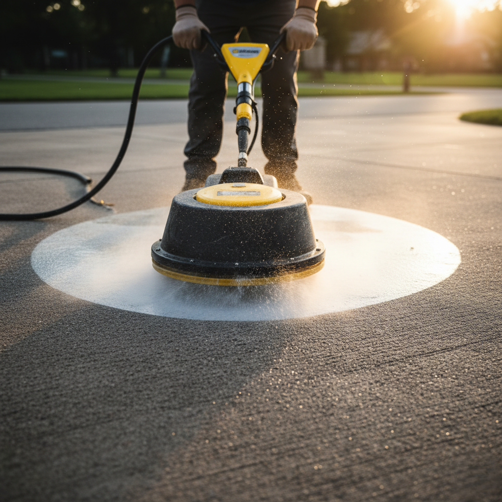 technician using a surface cleaner on a concrete driveway.