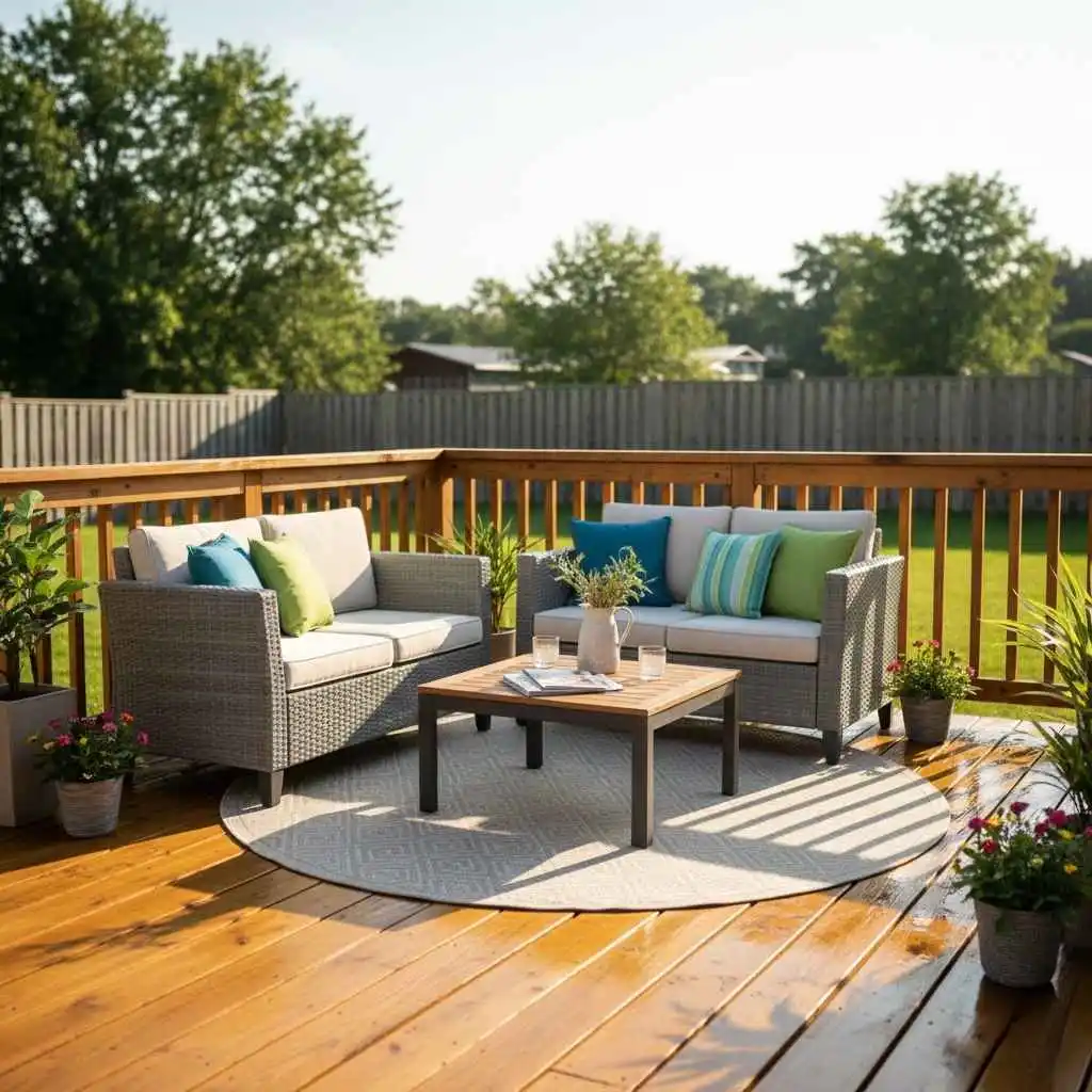 Beautiful refreshed deck set up for outdoor seating