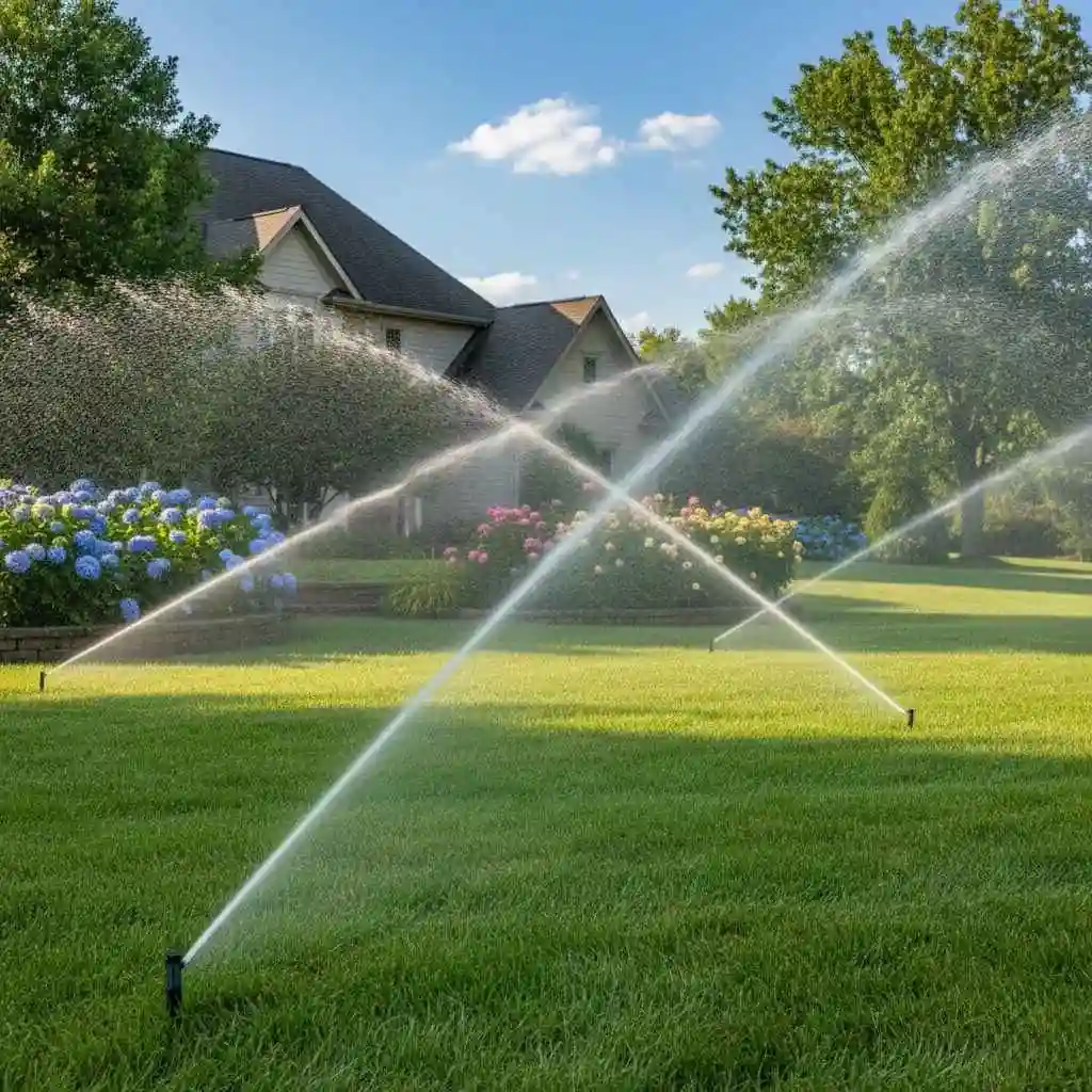 Sprinkler system operating on a landscaped property in summer