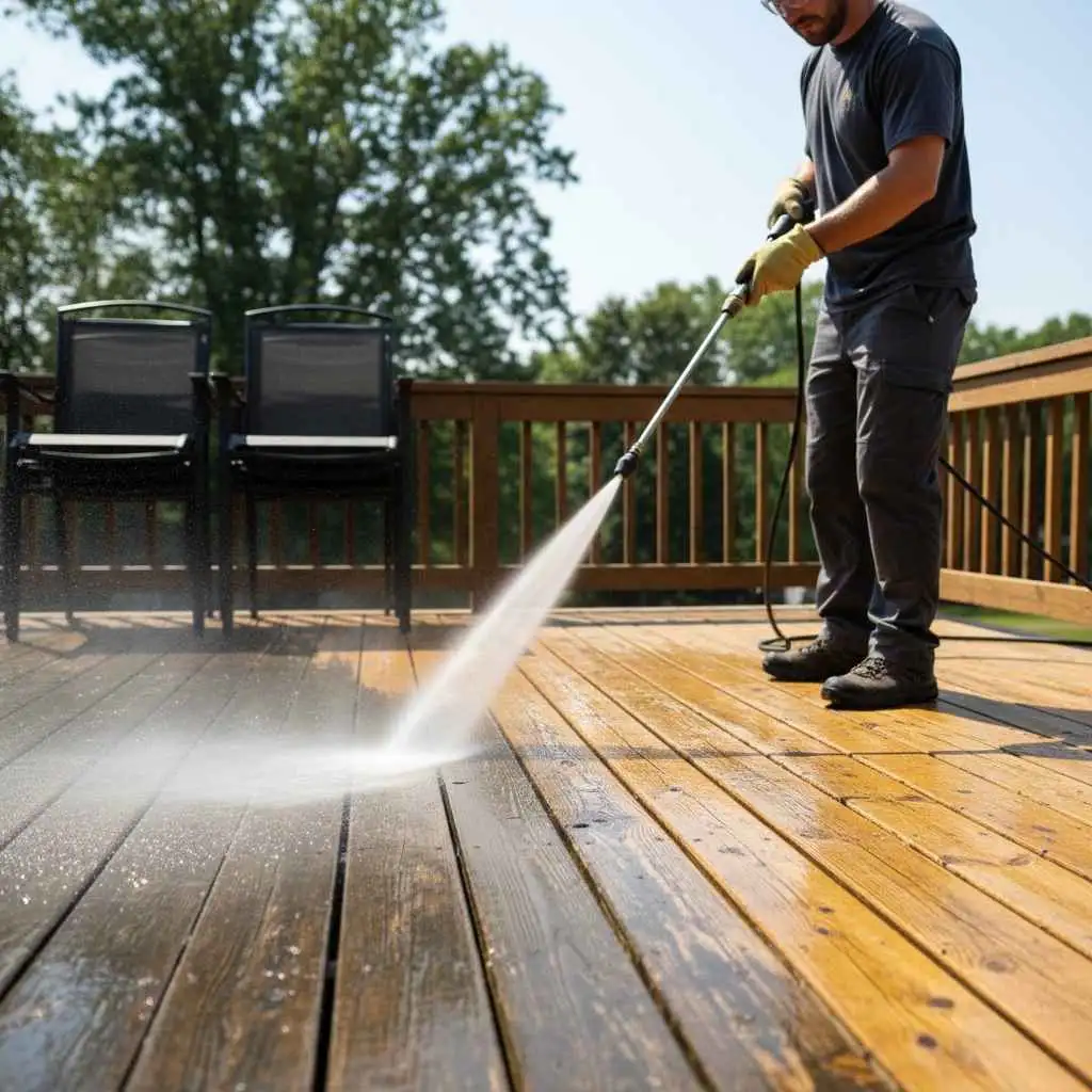 Technician pressure washing wood boards