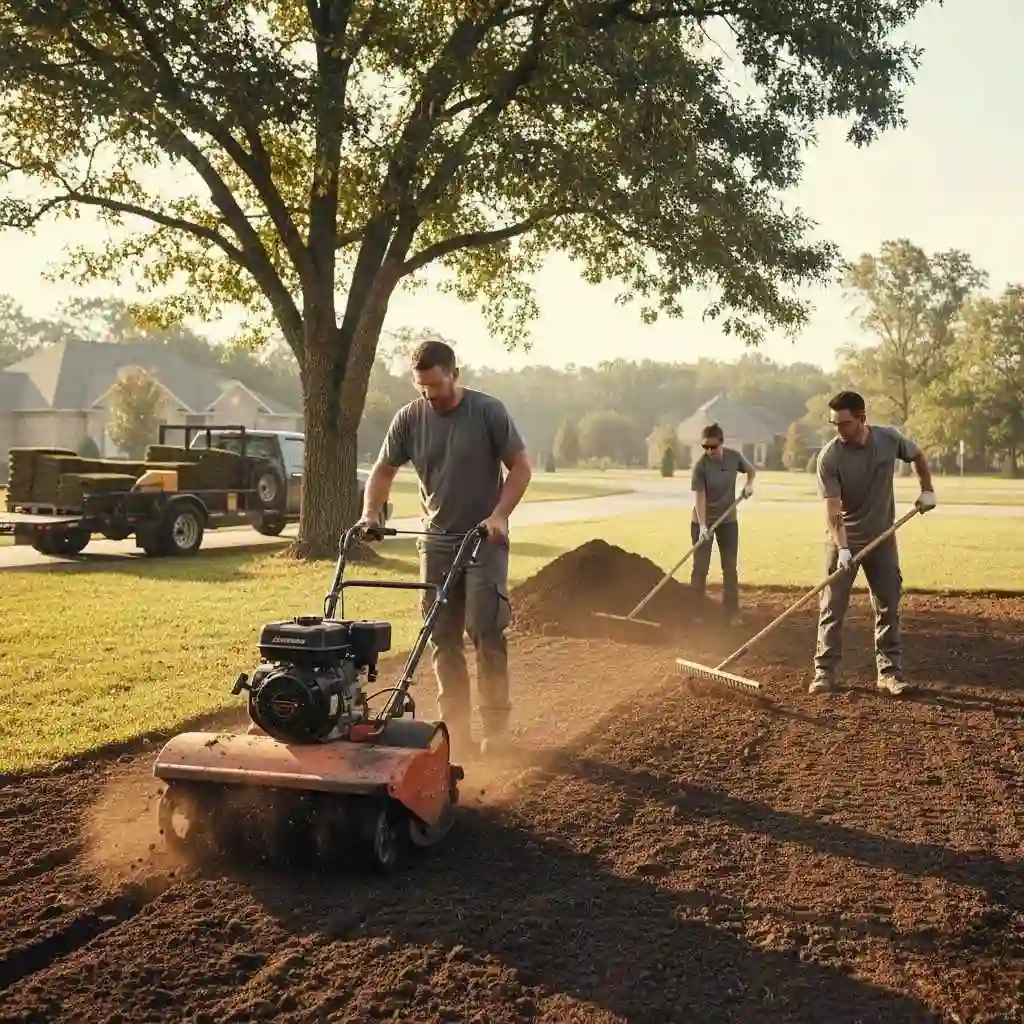 Crew preparing soil with equipment