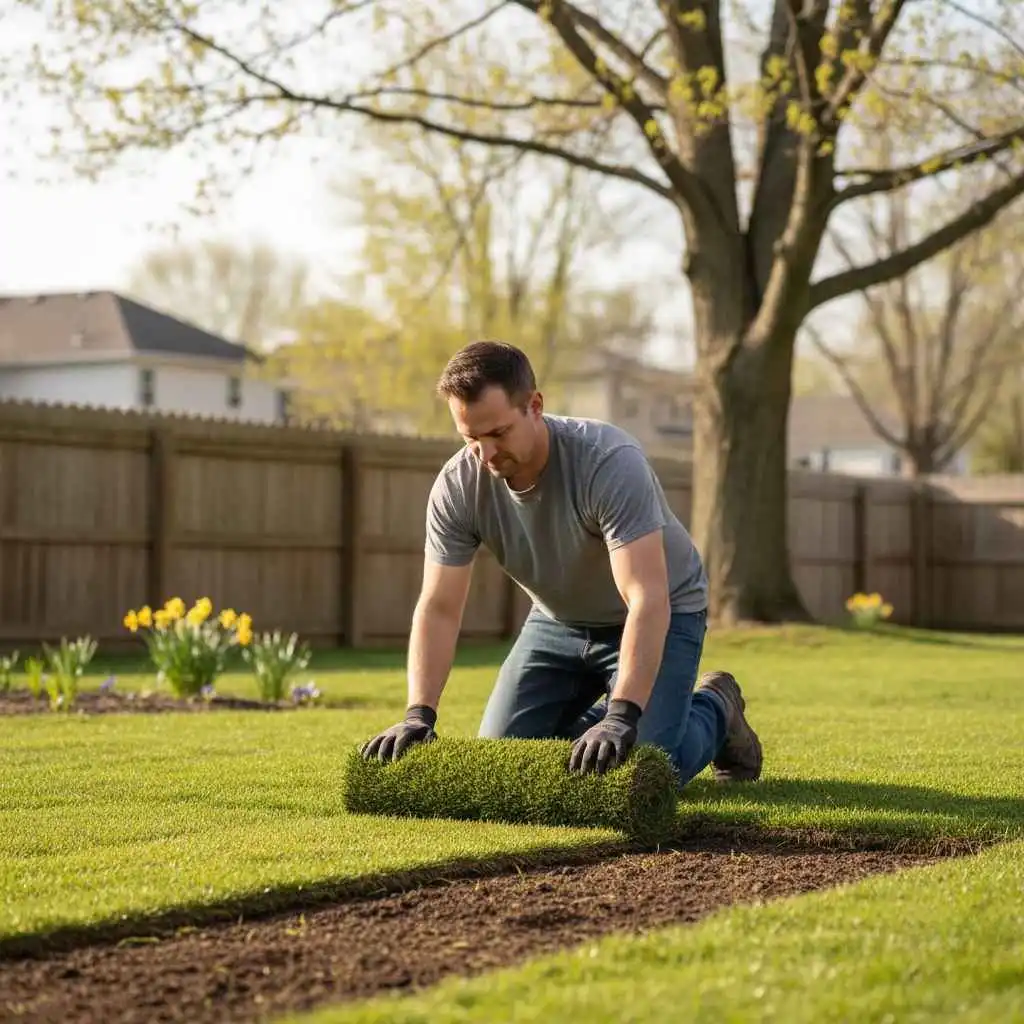  Landscaper laying sod in early spring