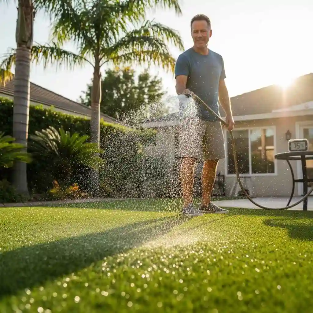 homeowner spraying artificial turf with hose