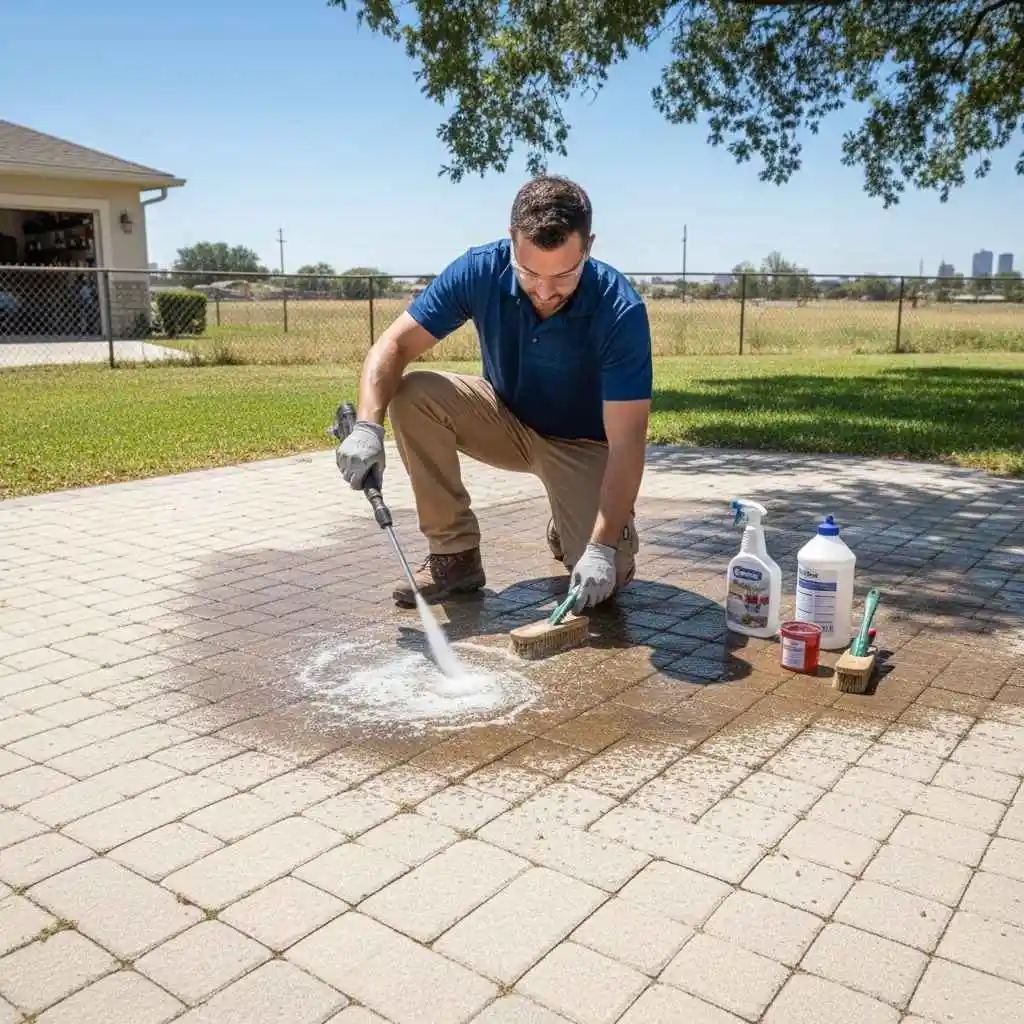 technician treating oil stain on pavers