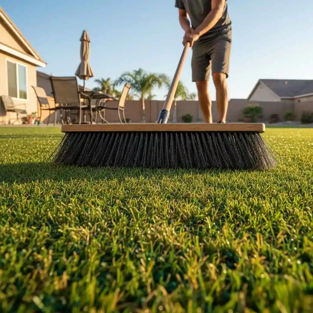 turf being brushed with stiff broom