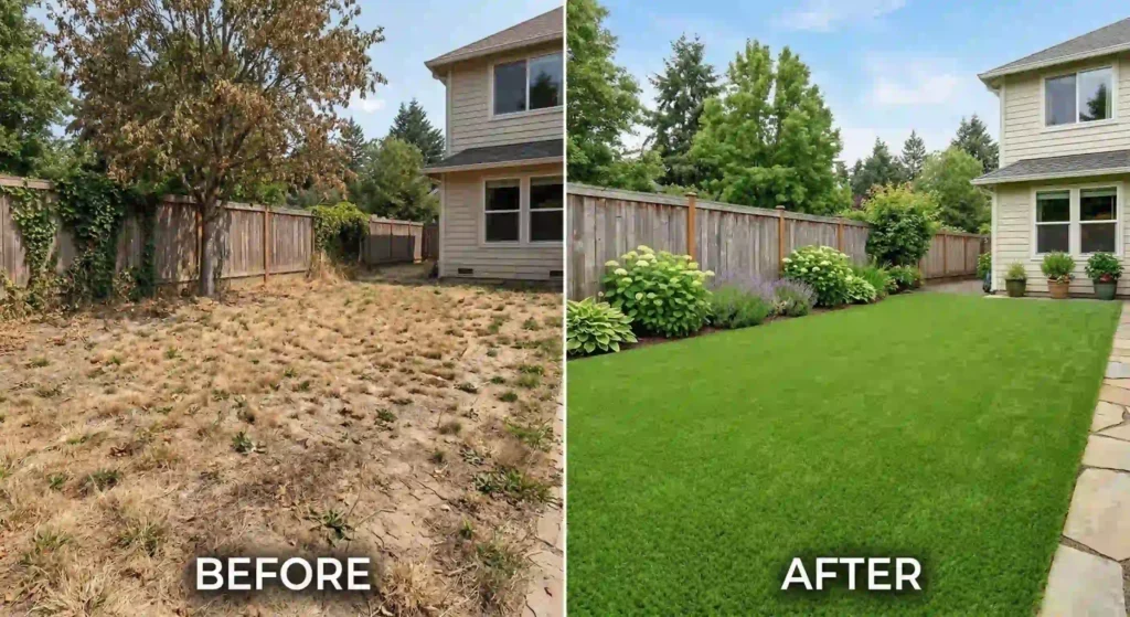 beforeafter image of dry grass vs artificial turf.