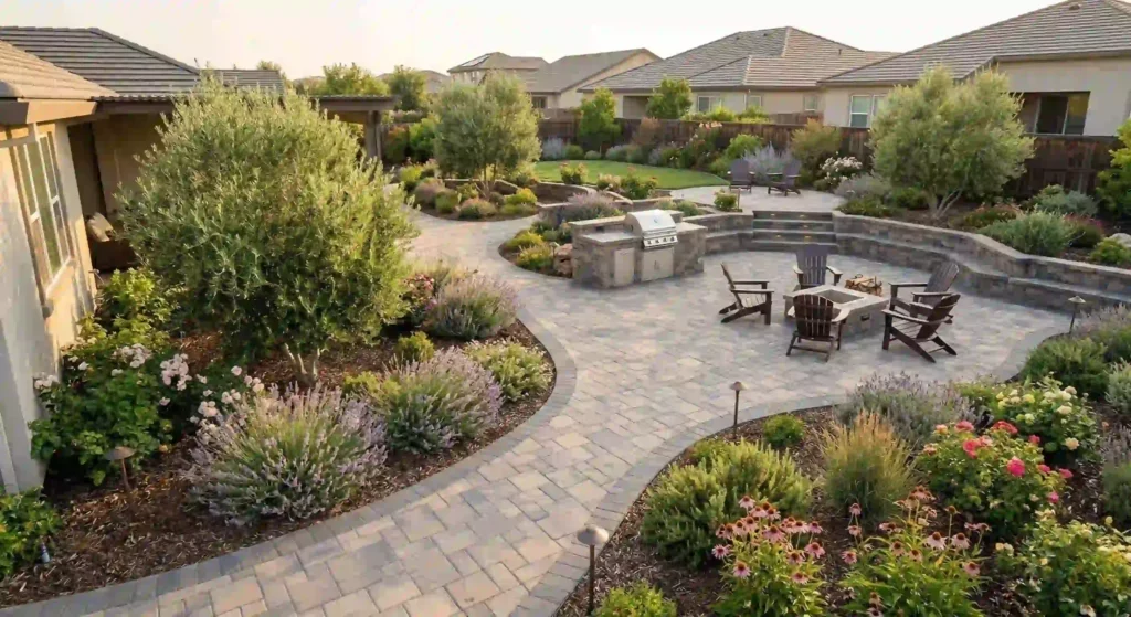 decorative paver walkway winding through a landscaped garden