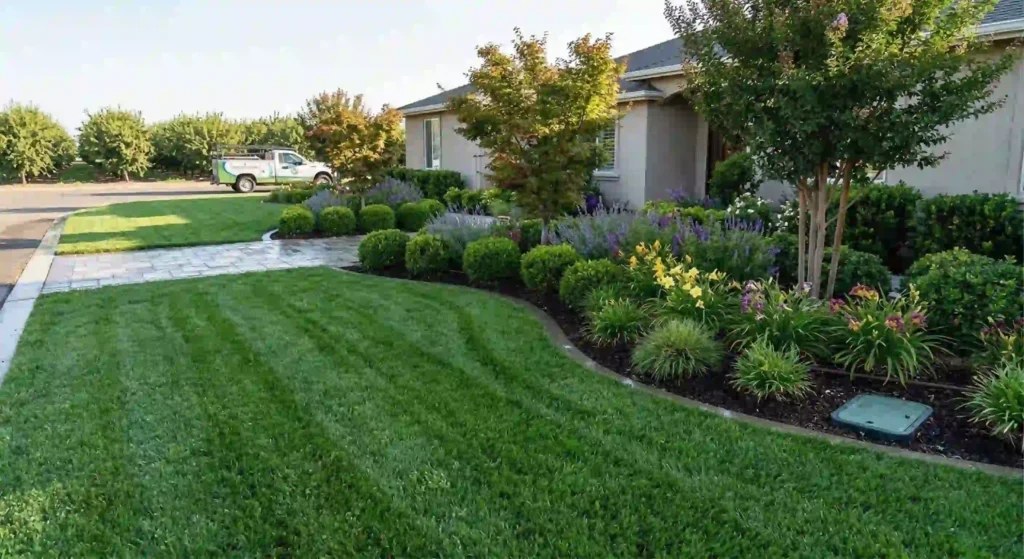healthy landscaped yard with green grass and plants.