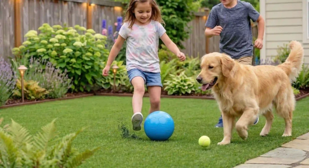 professionally finished backyard with turf and landscaping.