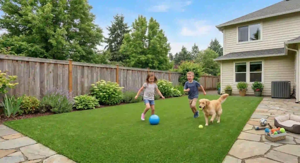 showing kids or pets playing on turf.