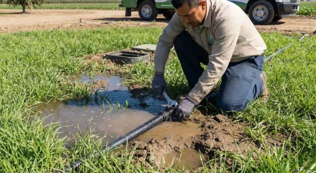 water pooling on grass due to irrigation leak.