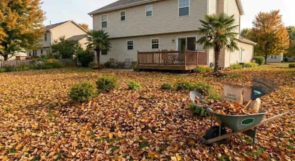 yard with heavy leaf buildup