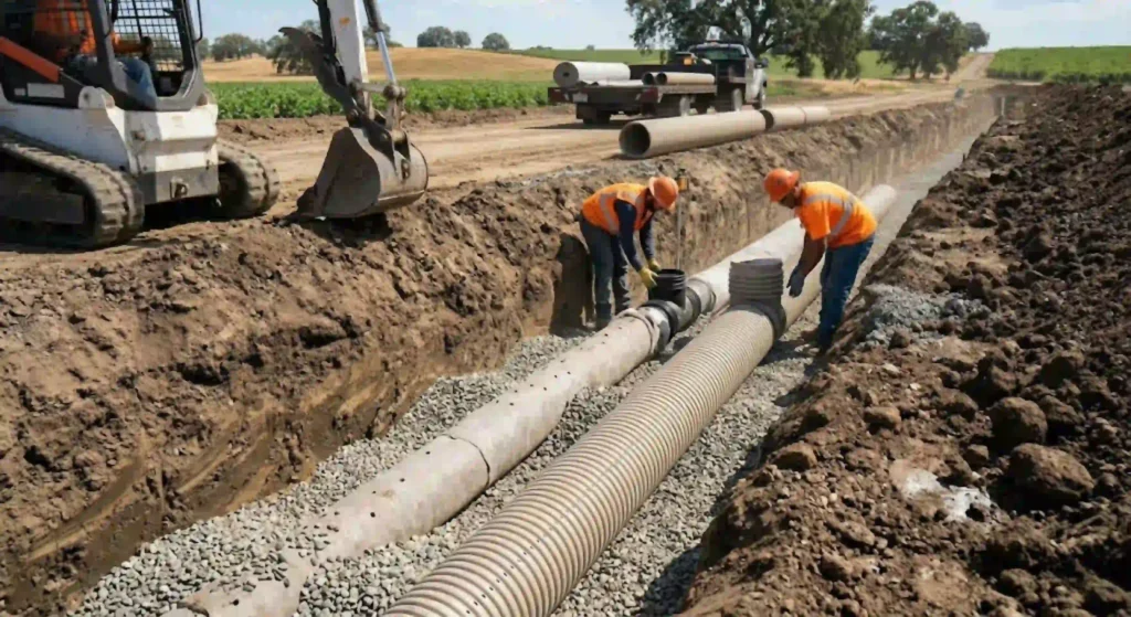 drainage pipes and gravel setup