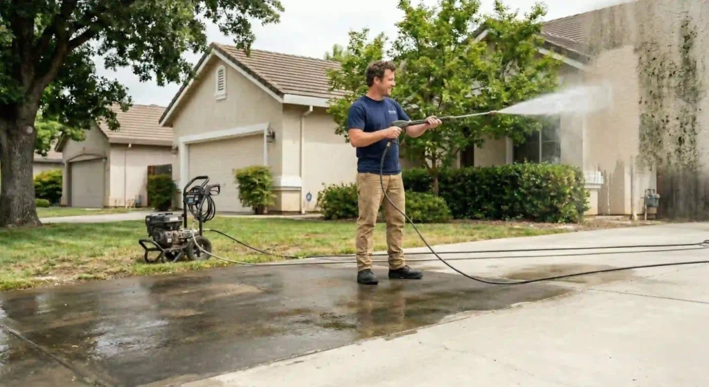 house siding being cleaned with pressure washer