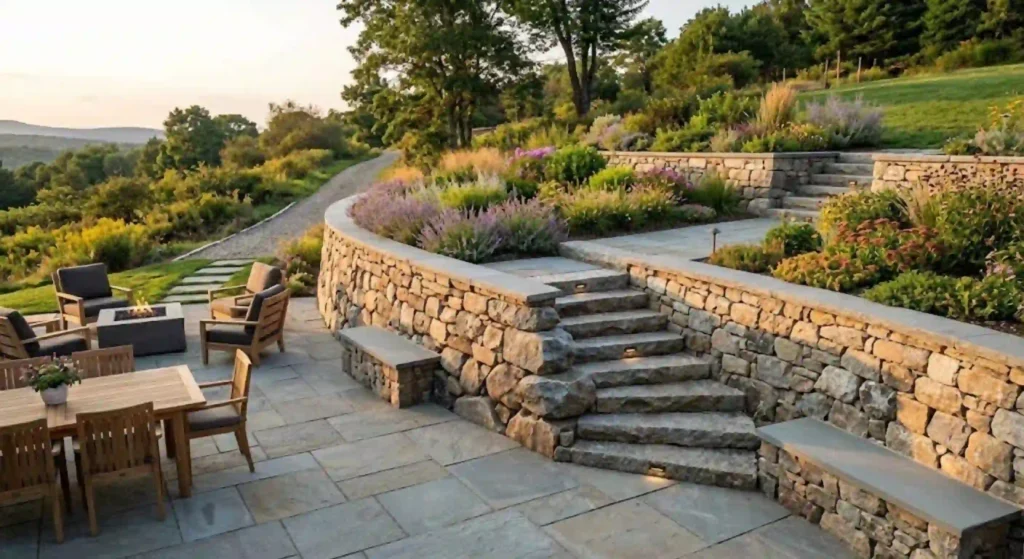 patio with integrated retaining wall