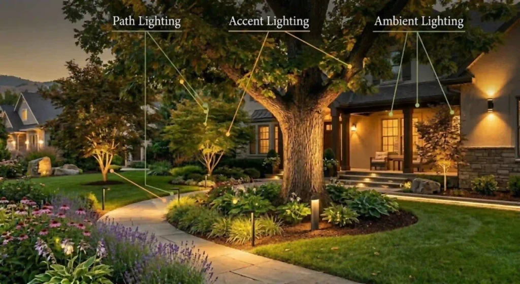 showing layered lighting (path + accent + ambient)