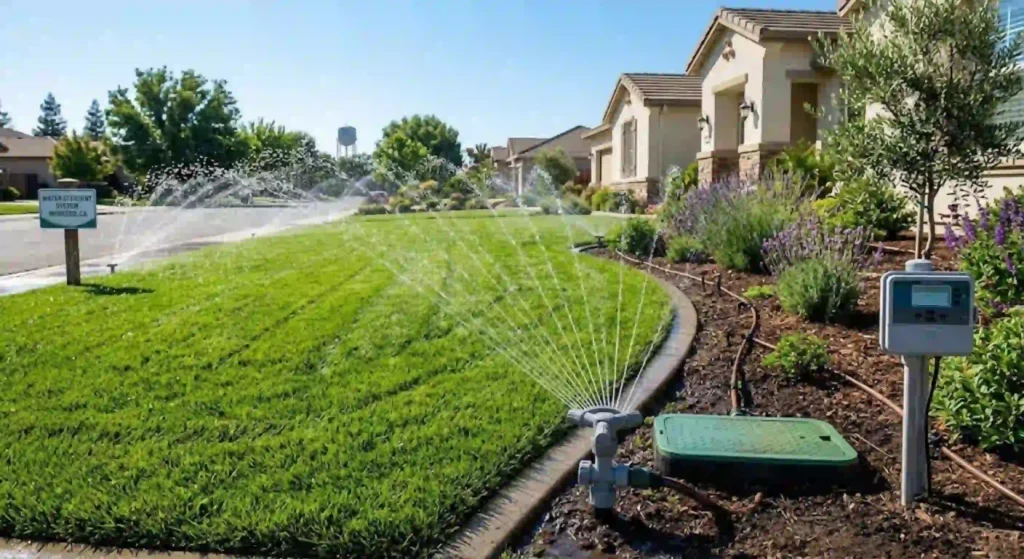 Healthy green lawn with efficient irrigation system in Modesto CA