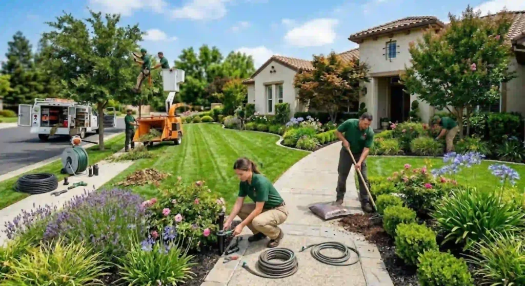 Landscape cleanup and sprinkler maintenance by professional crew in California
