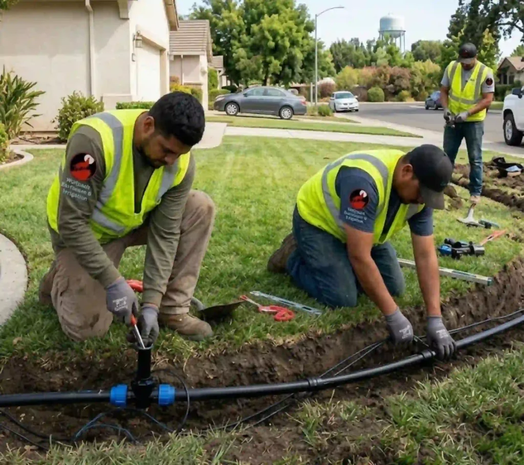 Irrigation installation team working in Modesto CA residential yard