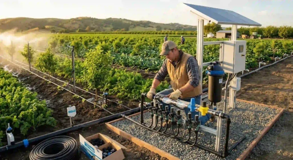 Technician upgrading irrigation zones for efficient water distribution