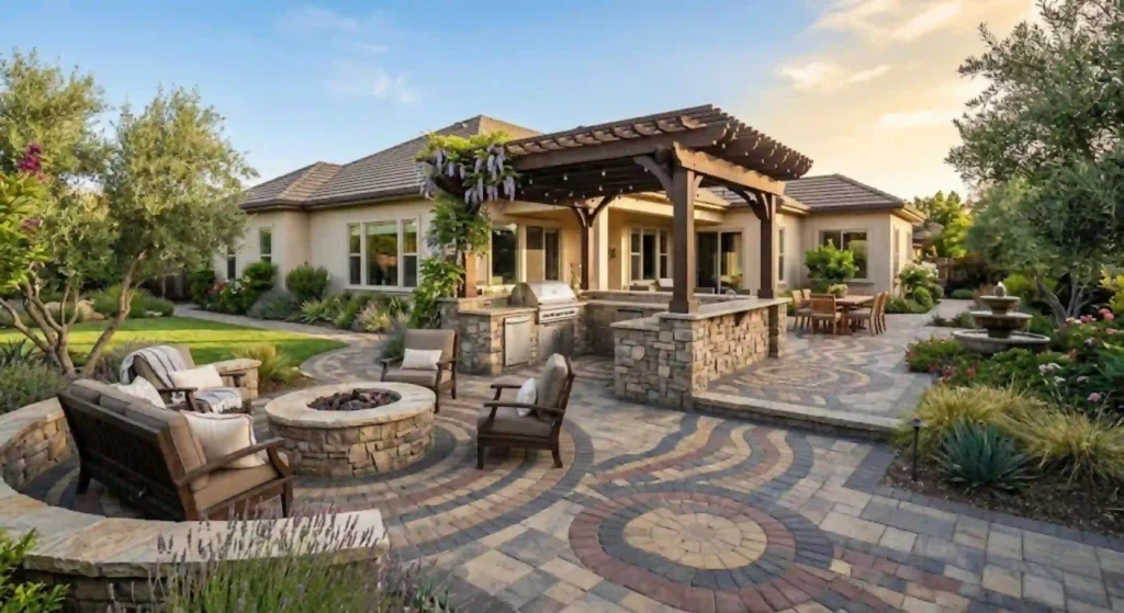 Custom hardscape design featuring patio and walkway in Turlock