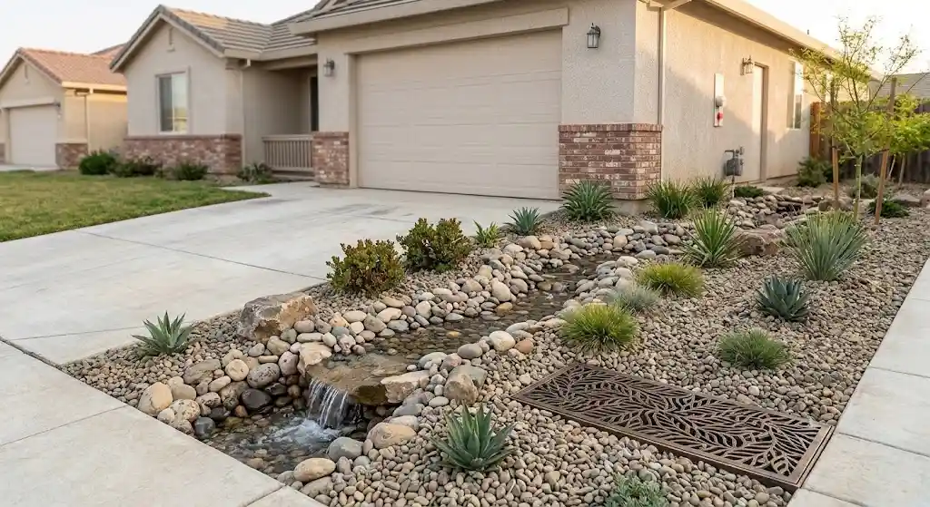 Completed storm drainage installation in a landscaped Modesto California yard