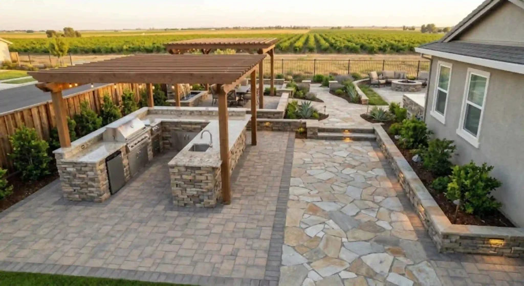 Custom outdoor kitchen and patio hardscaping in Ceres CA