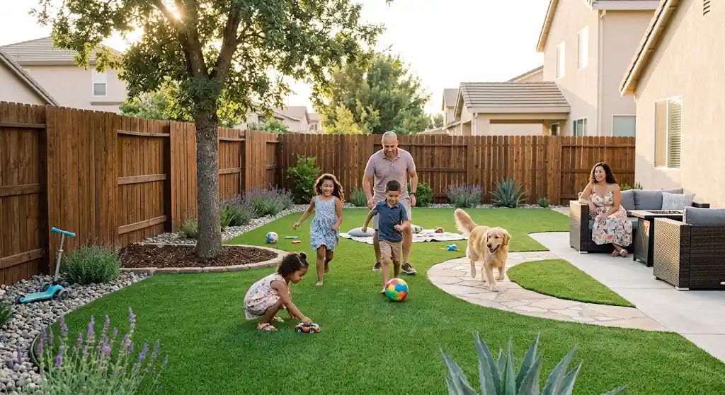 Family enjoying a low-maintenance artificial turf backyard in Ceres