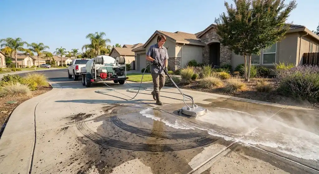 Pressure washing equipment removing dirt and tire marks from a Modesto concrete driveway