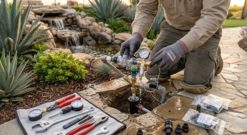 Professional irrigation technician inspecting sprinkler components in Ceres