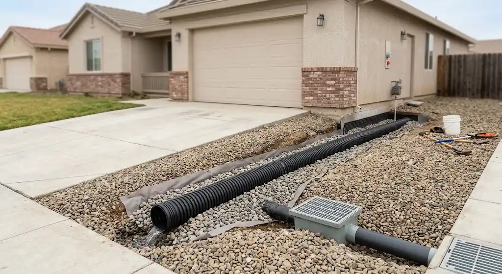 Professional storm drainage system protecting a Modesto home foundation
