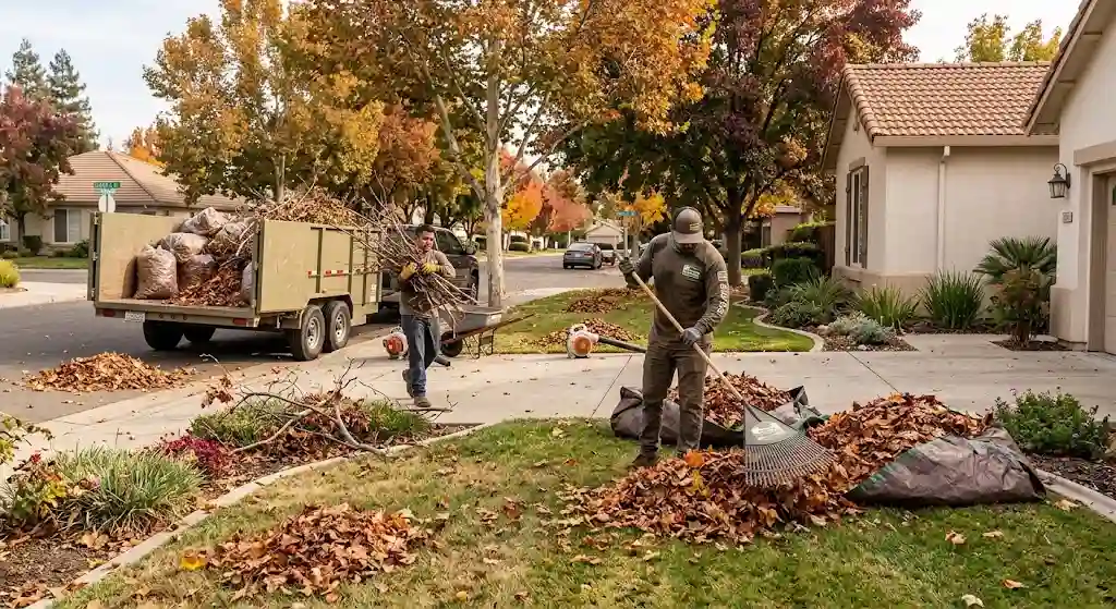Seasonal yard cleanup removing leaves branches and debris from a Modesto property